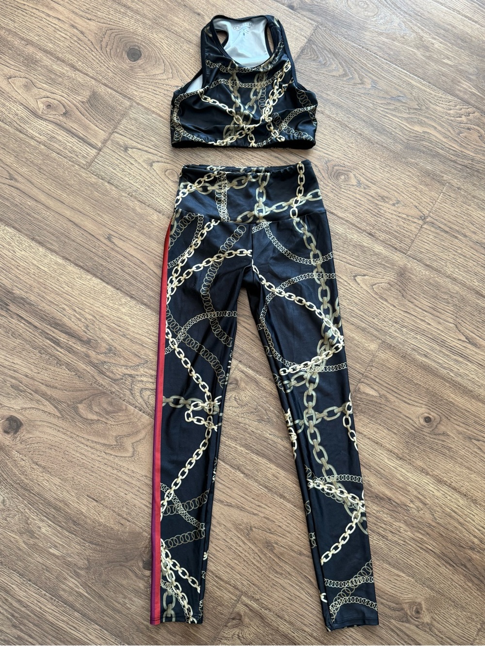 Goldsheep Black Leggings & Sports Bra w/ Red Side Stripe